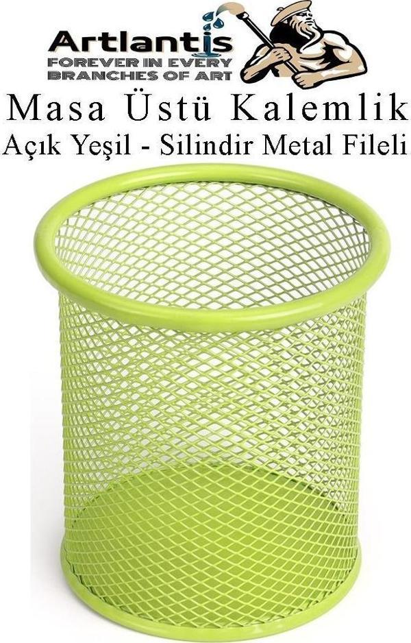 Açık Yeşil Silindir Masa Üstü Kalemlik 1 Adet Metal Fileli Renkli Perforeli Yuvarlak Kalemlik Ofis Büro Okul - Image 1