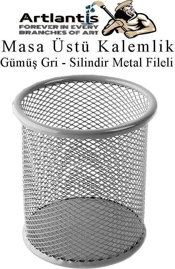 Gümüş Gri Silindir Masa Üstü Kalemlik 1 Adet Metal Fileli Renkli Perforeli Yuvarlak Kalemlik Ofis Büro Okul - Image 1