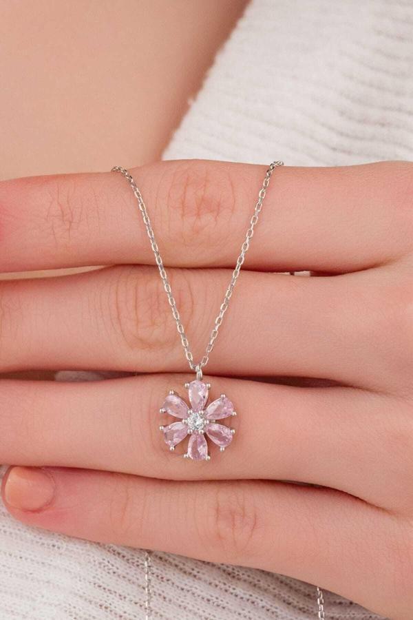 Bs Begisilver 925 Ayar Gümüş Pembe Taşlı Çiçek Kadın Kolye - Image 1