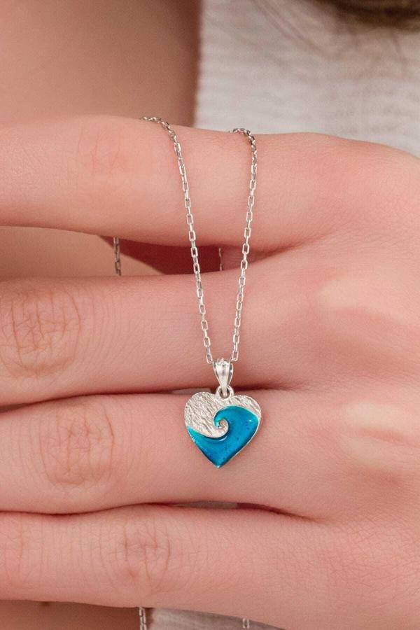 Bs Begisilver 925 Ayar Gümüş Dalga Desenli Mavi Kalp Kolye - Image 1
