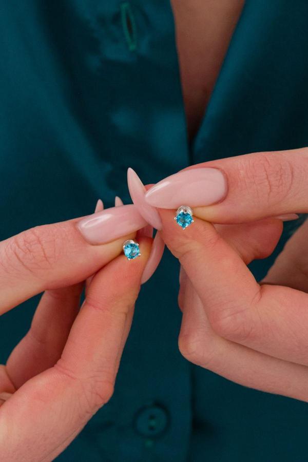 Bs Begisilver 925 Ayar Gümüş Pırlanta Montür Aqua Taş Tektaş Küpe - Image 1