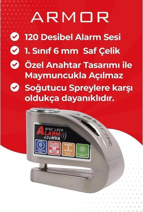 Armor Alarmlı Motorsiklet Disk Kilidi Çelik Gövde 606 Mva 6mm-İnox - Image 1