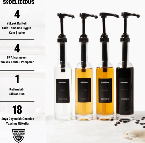 4'lü Set | 250ml Pompalı Cam Şurup Şişesi- Kahve , 18 Çeşit Siyah Etiket + Silikon Huni Hediyeli - Image 1