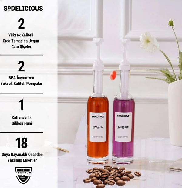 2’li Set | 250ml Pompalı Cam Şurup Şişesi- Kahve, 18 Çeşit Beyaz Etiket + Silikon Huni Hediyeli - Image 1