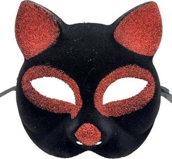 Siyah Kırmızı Simli Süet Kedi Maskesi - Image 1