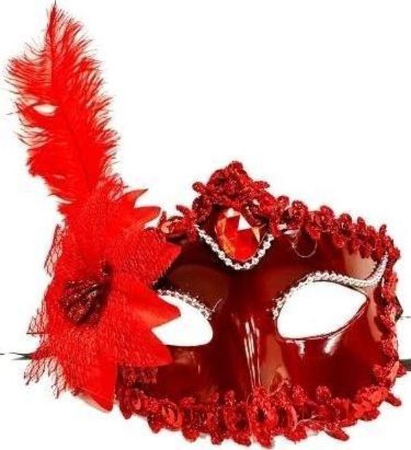 Kırmızı Güllü ve Tüylü Venedik Maskesi - Image 1