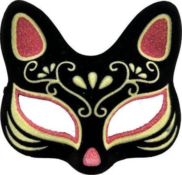 Siyah Süet Kırmızı Sarı Simli Kedi Maskesi - Image 1