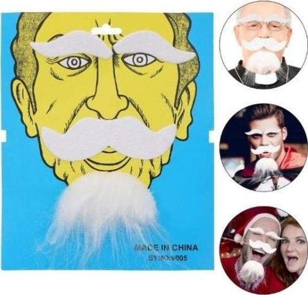 Beyaz Renk Kendinden Yapışkanlı Takma Sakal Bıyık ve Kaş Seti - Image 1
