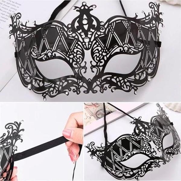 Kristal Gümüş Taşlı Siyah Lazer Kesim Metal Lüks Maske - Image 1