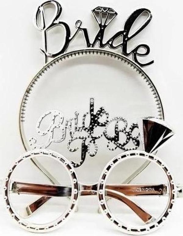 Bride Yazılı Taç ve Bride To Be Yazılı Gözlük Seti Gümüş Renk - Image 1