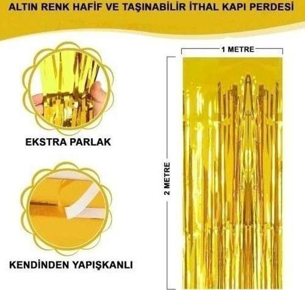 Ekstra Metalize Parlak Saçaklı Arka Fon Perde Gold - Image 1