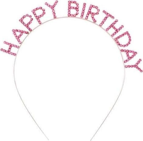 Pembe Kristal Taşlı Gold Happy Birthday Taçı - Image 1