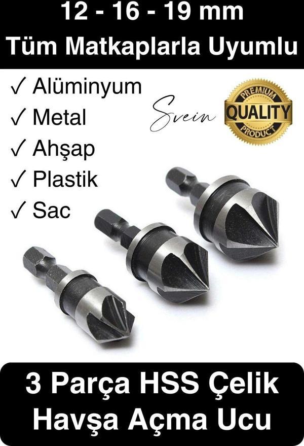 A Kalite 3 Parça Premium Havşa Açma Matkap Ucu Seti HSS Bits Uçlu Paslanmaz Çelik Kalın 12-16-19 mm - Image 1