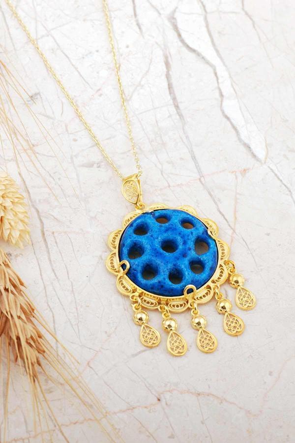 Telkari İşlemeli Altın Yaldızlı Süryani Nazar Boncuğu Kolye 6716 - Image 1