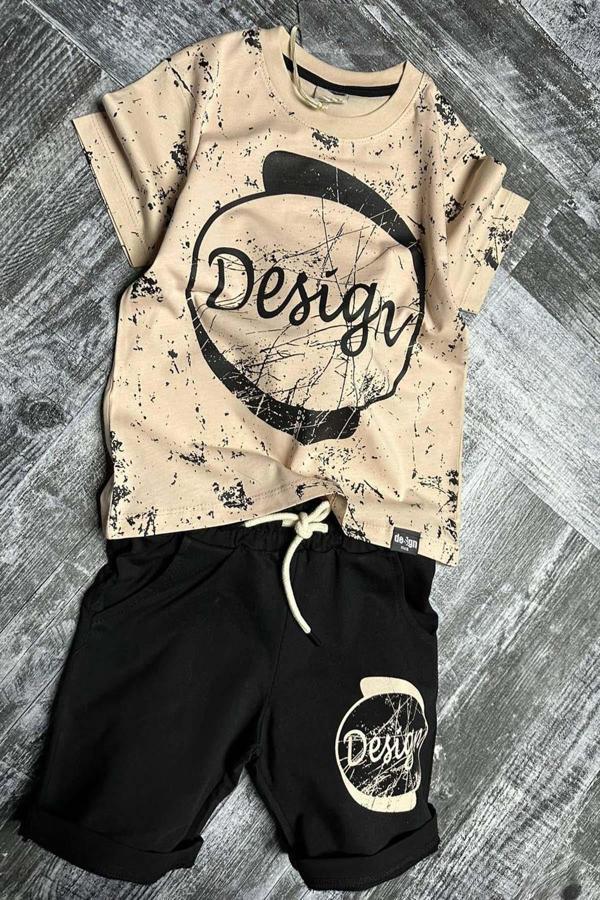 Erkek Çocuk Daire ve Design Baskılı Kısa Kol Siyah Şortlu Takım - Image 1