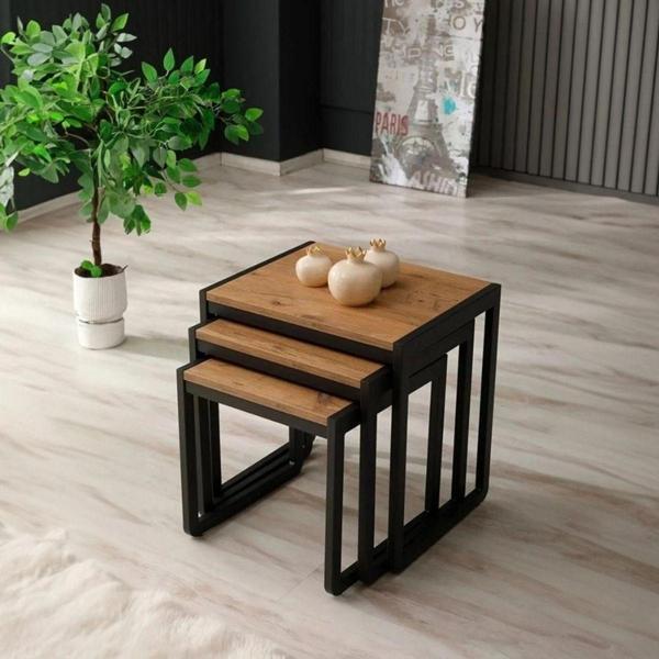 Doffo Doğal Ahşap Masif Panel Üçlü Zigon Sehpa - Image 1