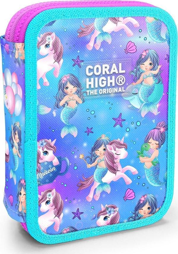 Coral High Kids Mor Pembe Unicorn Deniz Kızı Desenli Çift Katlı Kalem Çanta 11138 - Image 1
