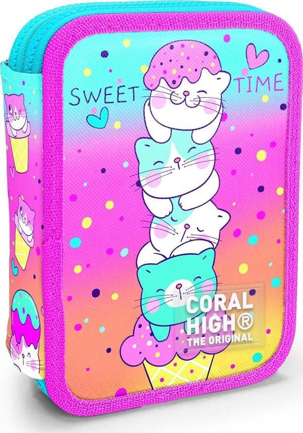 Coral High Kids Renkli Dondurmalı Kedi Desenli Çift Katlı Kalem Çanta 11139 - Image 1