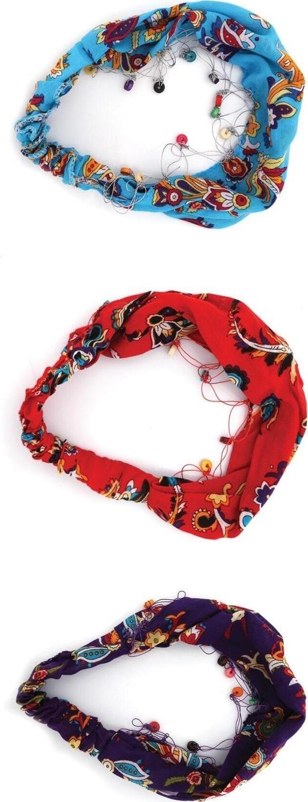 Boncuklu Paraşüt Bandana Lastikli 3'lü Set Kırmızı Mavi Mor - Image 1