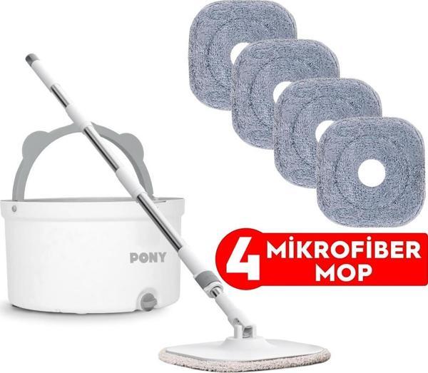 PONY BEYAZ 4 ADET MİKROFİBER MOP TEMİZ & KİRLİ SUYU  AYIRMA ÖZELLİĞİ OTOMATİK TEMİZLİK SETİ PASPAS - Image 1
