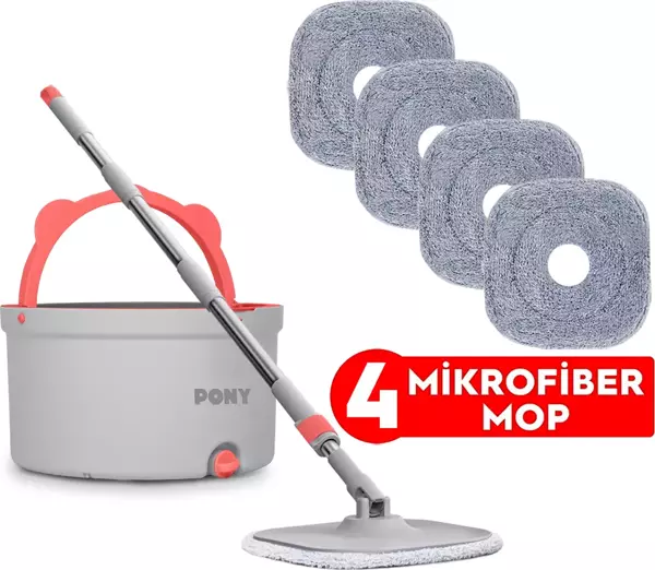 PONY GRİ 4 ADET MİKROFİBER MOP TEMİZ & KİRLİ SUYU  AYIRMA ÖZELLİĞİ OTOMATİK TEMİZLİK SETİ PASPAS - Image 1