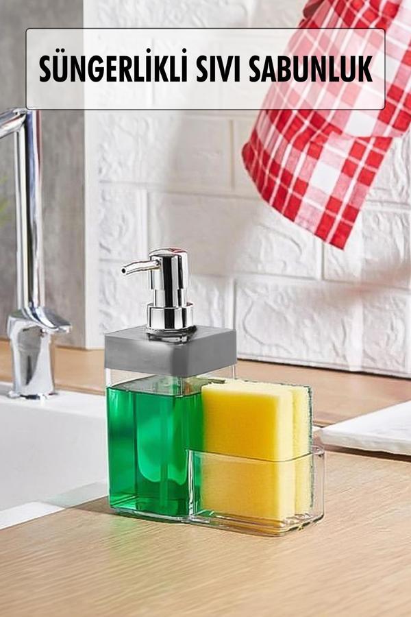 Gri Renkli Sıvı Sabunluk Süngerlik Hazneli 450 ml - Image 1