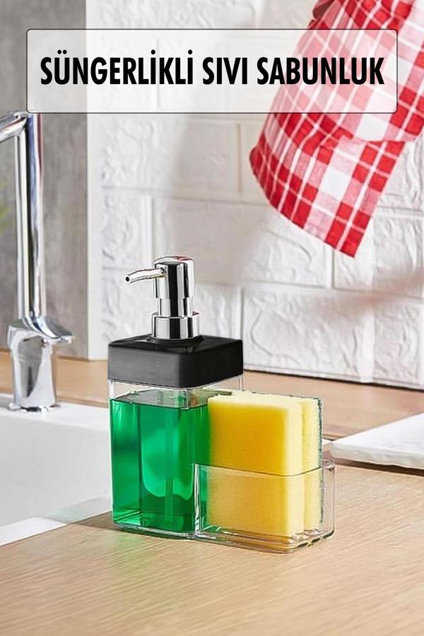 Siyah Renkli Sıvı Sabunluk Süngerlik Hazneli 450 ml - Image 1
