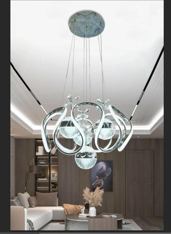 3 Renkli Salon Sarkıt Led Avize Toplu Kelebekli Gümüş Nikelaj Kaplama Ledli Salon Avize - Image 1