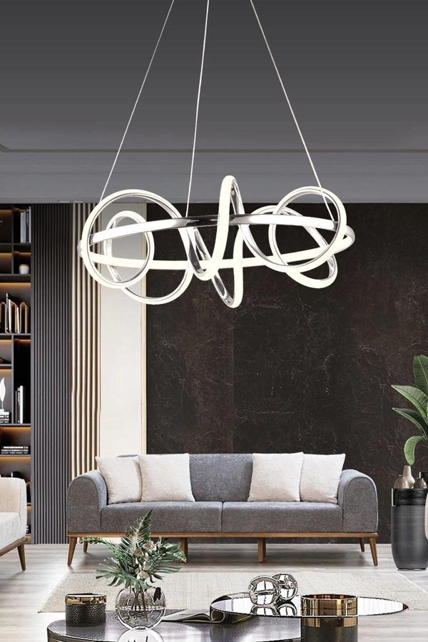 Modern Halkalı Kıvrımlı Üç Renkli Krom Sarkıt Led Avize - Image 1