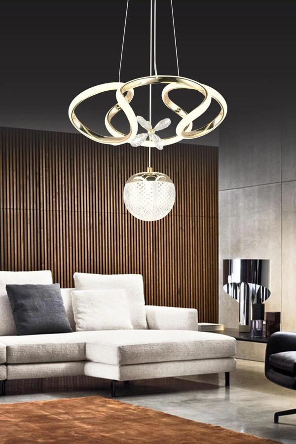 Modern Kıvrımlı Tek Toplu Üç Renkli Gold Sarkıt Taşlı Led Avize - Image 1
