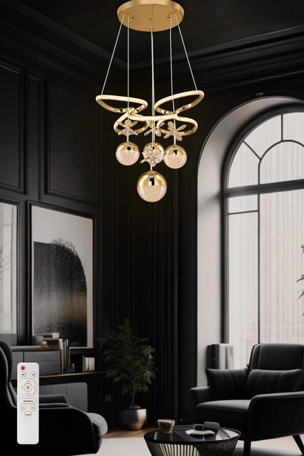 Kelebek Kasa 3 Renk Kumandalı Modern Sarkıt 3 Orta 1 Büyük 4 Toplu Kelebekli Ledli Salon Avize Gold - Image 1