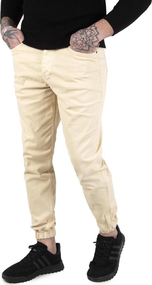 DeepSEA Erkek  Krem Lazer Kesim Lastik Paça Likralı Kot Pantolon 2104659 - Image 1