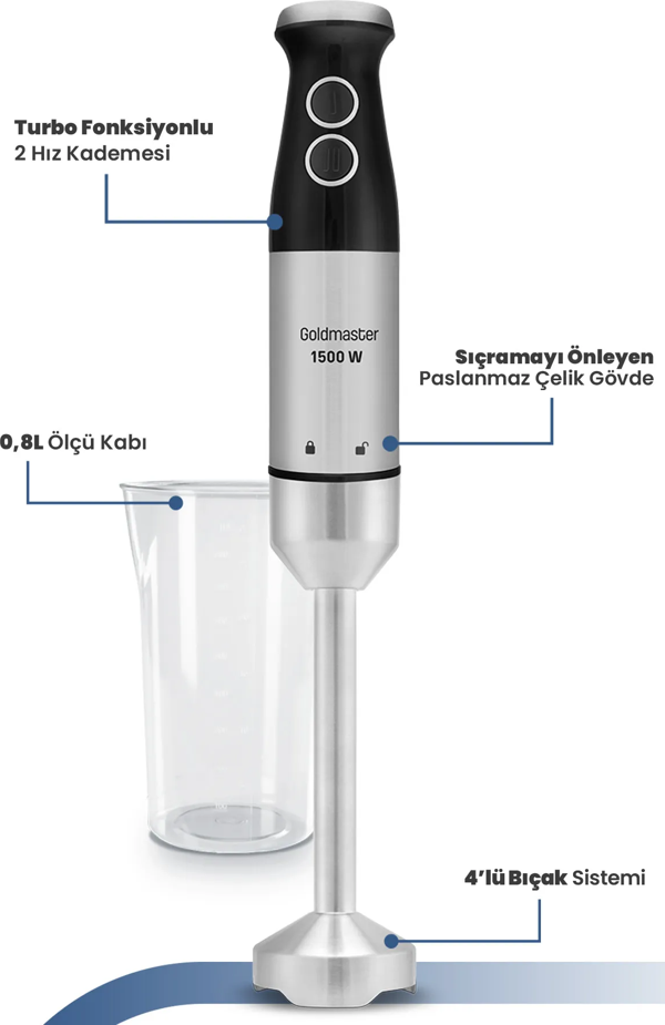 GoldMaster Fast Stick İnox 1500 Watt 4 Bıçaklı Paslanmaz Hazneli Çubuk El Blender Seti GM-7205 - Image 1