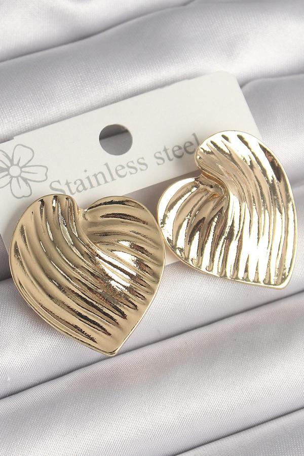 Pirinç Gold Renk İşlemeli Plaka Kalp Model Kadın Küpe - TJ-BKP10247 - Image 1