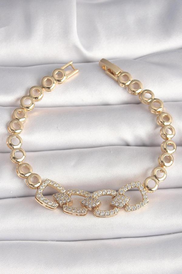 Pirinç Gold Renk Zirkon Taşlı Daire Zincir Model Kadın Bileklik - TJ-BB6842 - Image 1