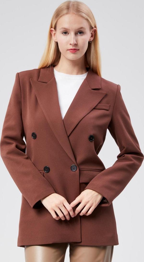 Kahverengi Regular Astarlı Kruvaze Kapama Dokuma Oversize Blazer Ceket - Image 1