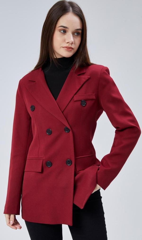 Bordo Regular Kruvaze Kapama Oversize Düğmeli Ceket - Image 1