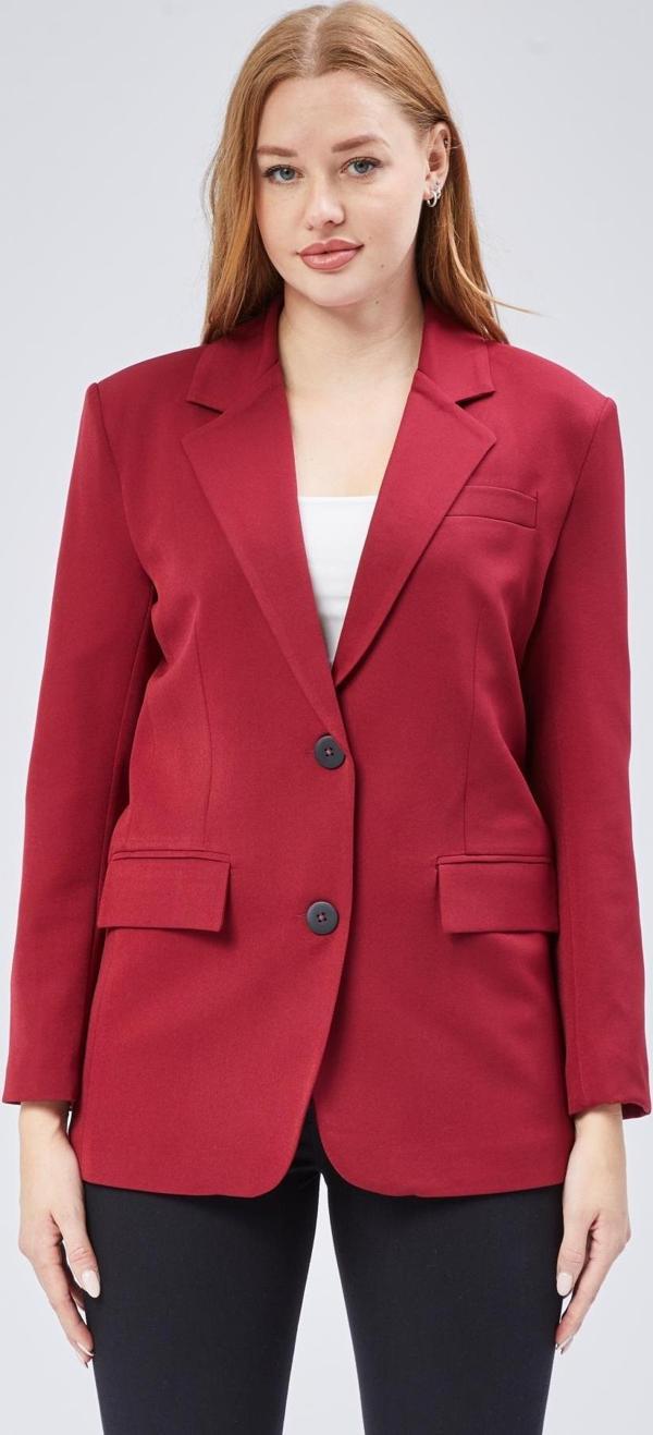 Bordo Kadın Düğmeli Oversize Blazer Ceket - Image 1