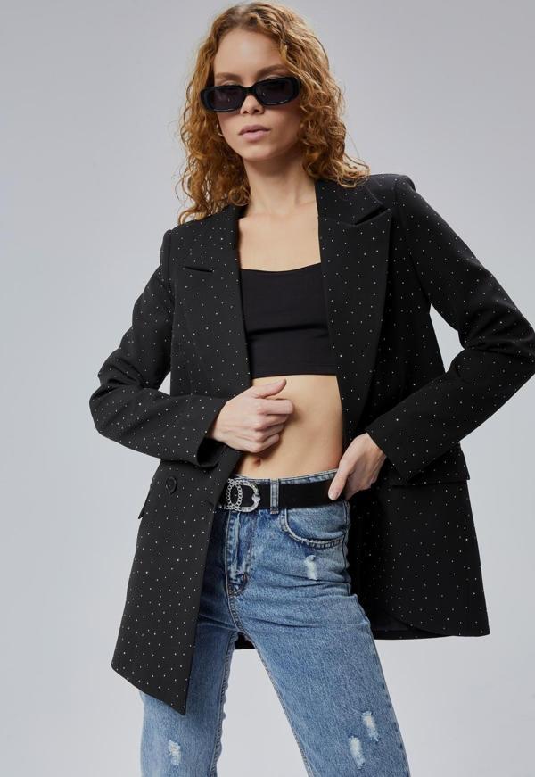 Kadın Regular Dokuma Astarlı Taş Detaylı Blazer Ceket  - Image 1