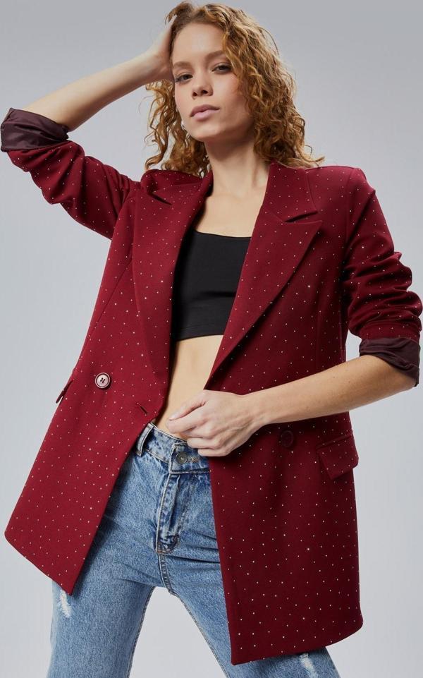 Kadın Regular Dokuma Astarlı Taş Detaylı Blazer Ceket  - Image 1