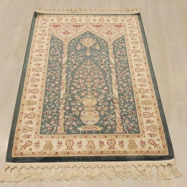 Mevlana Bazaar % 100 İpek Desenli Mavi Seccade - Image 1