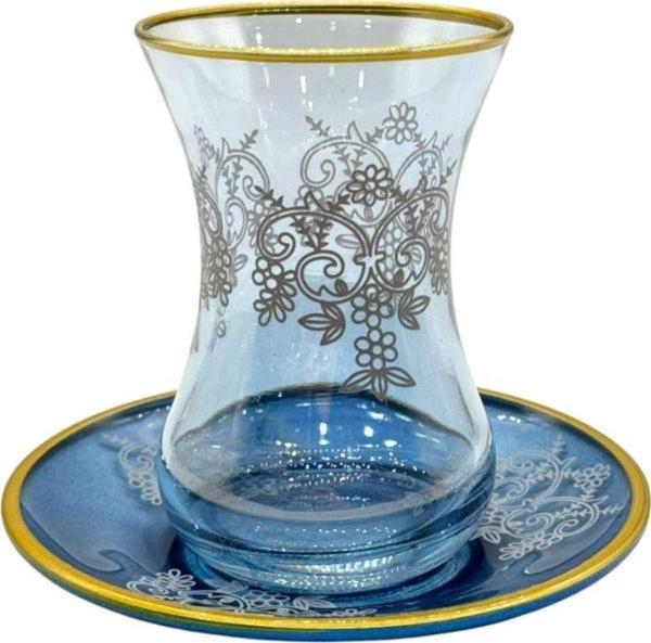 Mevlana Bazaar Altın İşlemeli 6 Kişilik 12 Parça Çay Seti Kulpsuz Mavi - Image 1