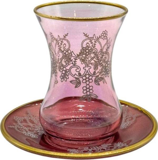 Mevlana Bazaar Altın İşlemeli 6 Kişilik 12 Parça Çay Seti Kulpsuz Pembe - Image 1