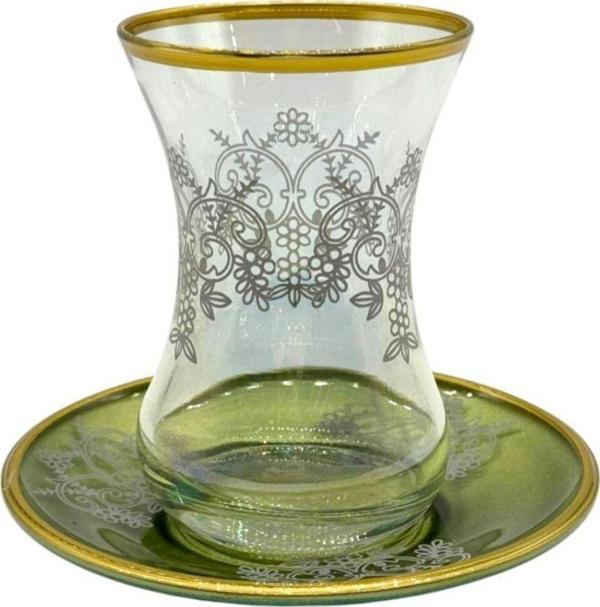 Mevlana Bazaar Altın İşlemeli 6 Kişilik 12 Parça Çay Seti Kulpsuz Yeşil - Image 1