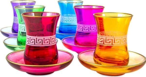 Mevlana Bazaar Gravür Desenli 6'Lı Çay Seti Renkli - Image 1