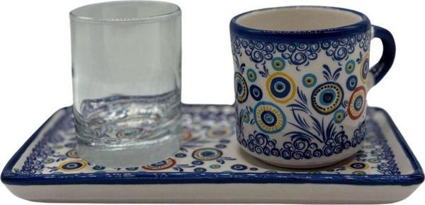 Mevlana Bazaar Tek Kişilik Özel Kabartma Desenli El Yapımı Seramik Fincan Sunum Seti - Image 1