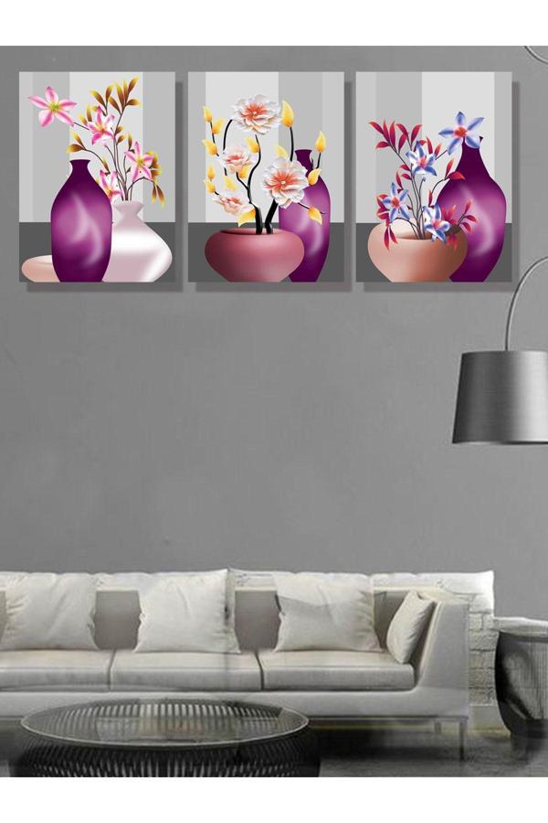 Hyl Mor Renginin Çiçeklerle Düellosu,Dekoratif 3'Lü Tablo Seti - Image 1