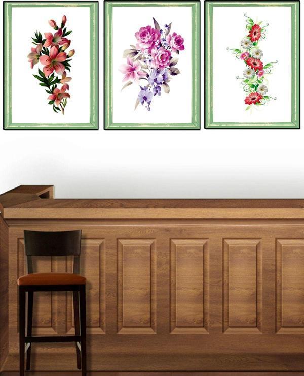 Hyl Yalova Shop Yeşil Eskitme Çerçeve Görünümlü Renklerin Dansı Çiçek Tablo 3 Lü Seti - Image 1