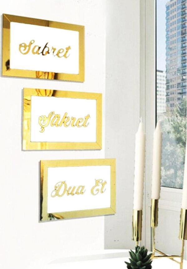 Kemson 3D Sabret Şükret Dua Et 3'Lü Set Beyaz Üzerine Gold (26*16 ) - Image 1