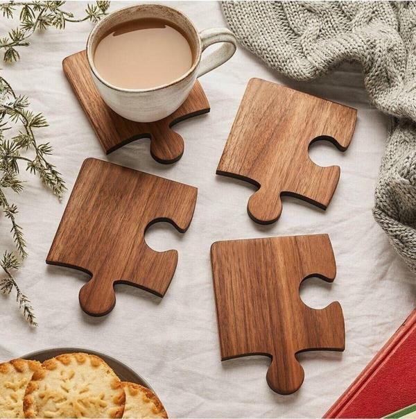 Kemson Ahşap Desenli Puzzle Mdf Bardak Altlığı 4'Lü Set 10X12 Cm - Image 1